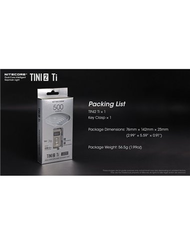 Linterna de mano LED Tini2 SS TI titanio, accesorio llavero 500Lm y 89m alcance, recargable USB-C Gris