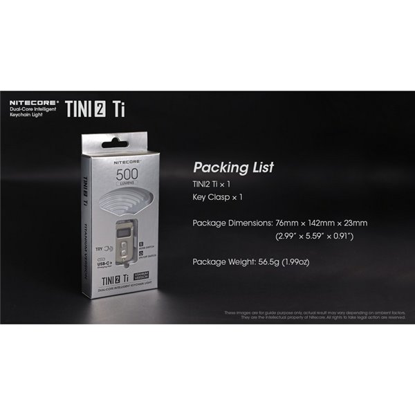 Linterna de mano LED Tini2 SS TI titanio, accesorio llavero 500Lm y 89m alcance, recargable USB-C Gris