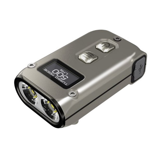 Linterna de mano LED Tini2 SS TI titanio, accesorio llavero 500Lm y 89m alcance, recargable USB-C Gris