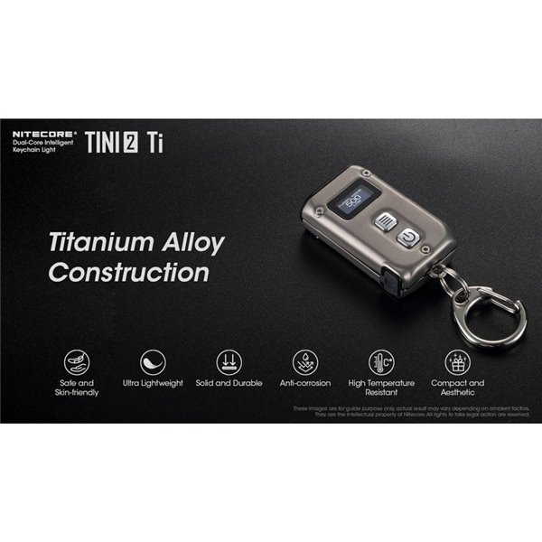 Linterna de mano LED Tini2 SS TI titanio, accesorio llavero 500Lm y 89m alcance, recargable USB-C Gris