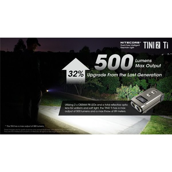 Linterna de mano LED Tini2 SS TI titanio, accesorio llavero 500Lm y 89m alcance, recargable USB-C Gris
