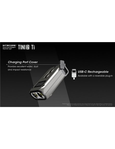 Linterna de mano LED Tini2 SS TI titanio, accesorio llavero 500Lm y 89m alcance, recargable USB-C Gris