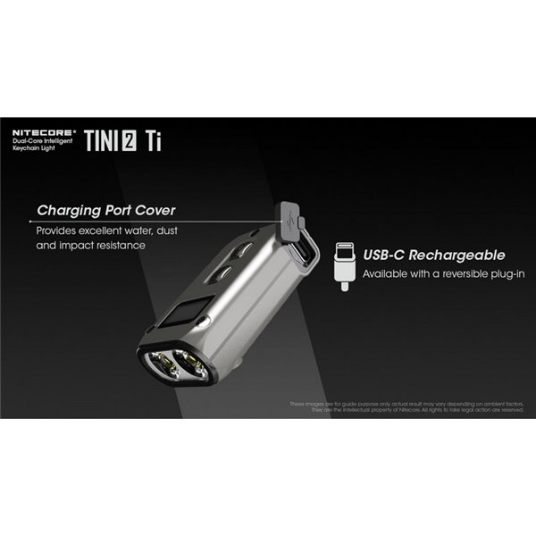 Linterna de mano LED Tini2 SS TI titanio, accesorio llavero 500Lm y 89m alcance, recargable USB-C Gris