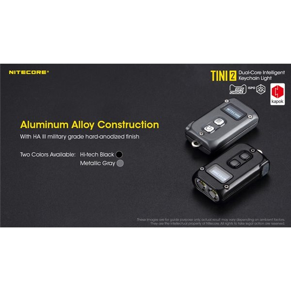 Lanterna LED TINI2 pequena e leve, bateria recarregável, 500 lm, acessório para chaveiro, IP54, cinza