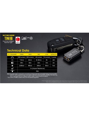 Linterna LED pequeña y ligera TINI2 batería recargable 500Lm, accesorio llavero IP54 Gris
