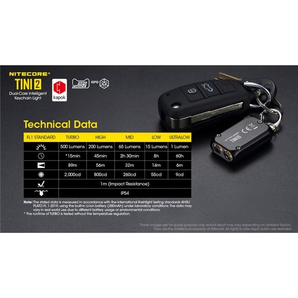 Lampe torche LED TINI2, petite et légère, batterie rechargeable, 500 lm, accessoire porte-clés, IP54, gris