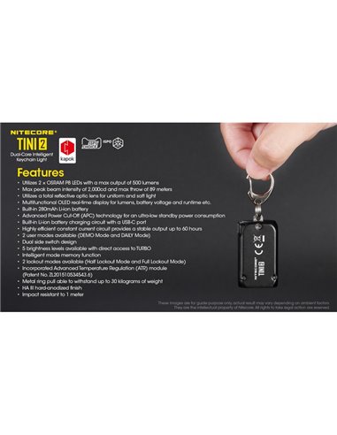 Linterna LED pequeña y ligera TINI2 batería recargable 500Lm, accesorio llavero IP54 Gris