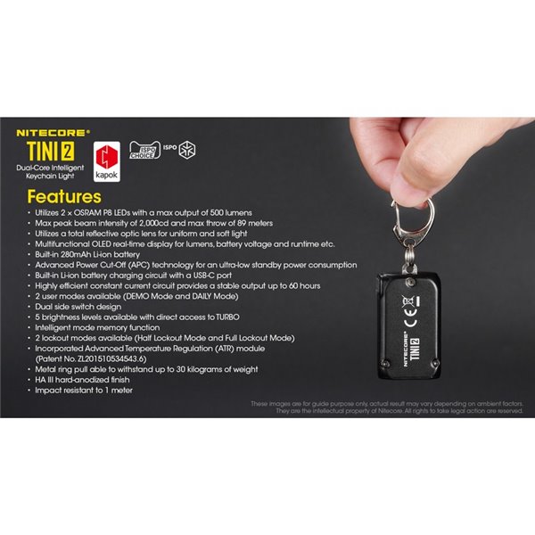Lampe torche LED TINI2, petite et légère, batterie rechargeable, 500 lm, accessoire porte-clés, IP54, gris
