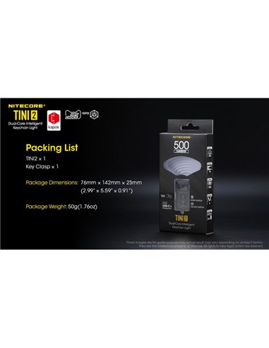 Lanterna LED TINI2 pequena e leve, bateria recarregável, 500 lm, acessório para chaveiro, IP54, cinza