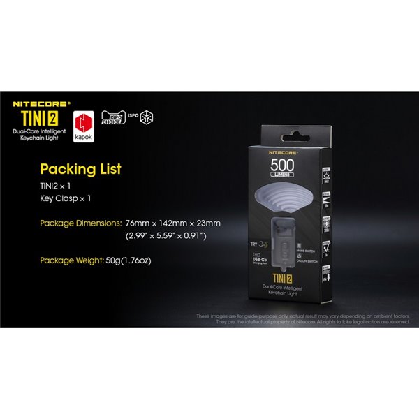Linterna LED pequeña y ligera TINI2 batería recargable 500Lm, accesorio llavero IP54 Gris