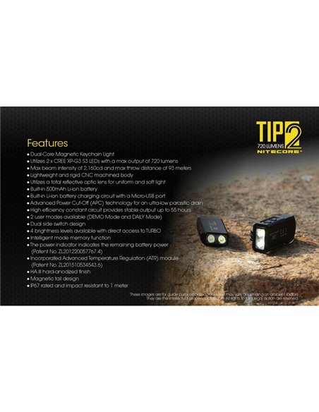 Linterna LED de mano TIP2 720 lúmenes con llavero magnético, batería 500mAh recargable USB IP67