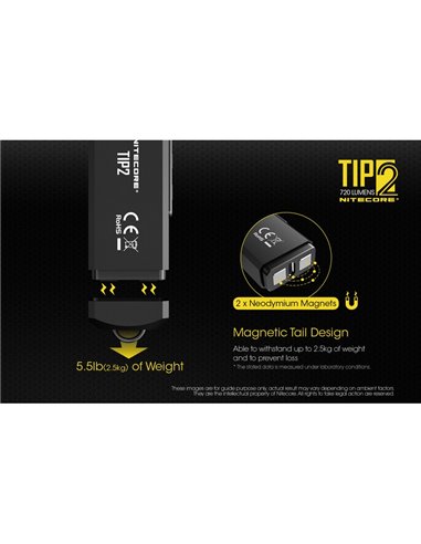 Lampe torche LED TIP2 720 lumens avec porte-clés magnétique, batterie rechargeable USB 500 mAh, IP67