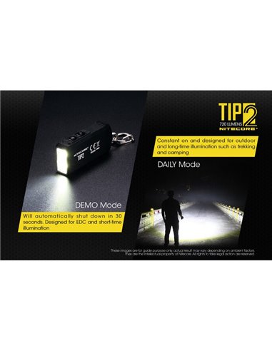 Lampe torche LED TIP2 720 lumens avec porte-clés magnétique, batterie rechargeable USB 500 mAh, IP67