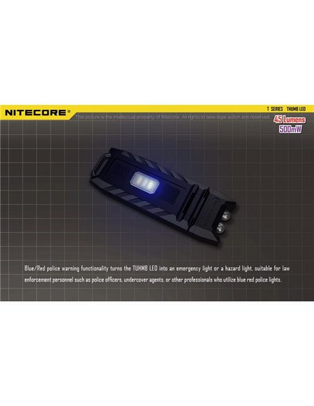 Linterna LED de mano super ligera Thumb LEO 45Lm, luz 120º orientable, modo ultravioleta, clip enganche 