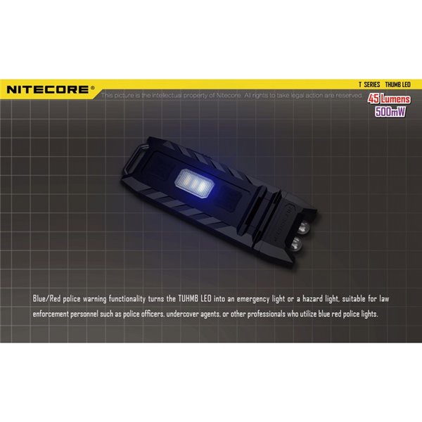 Linterna LED de mano super ligera Thumb LEO 45Lm, luz 120º orientable, modo ultravioleta, clip enganche 