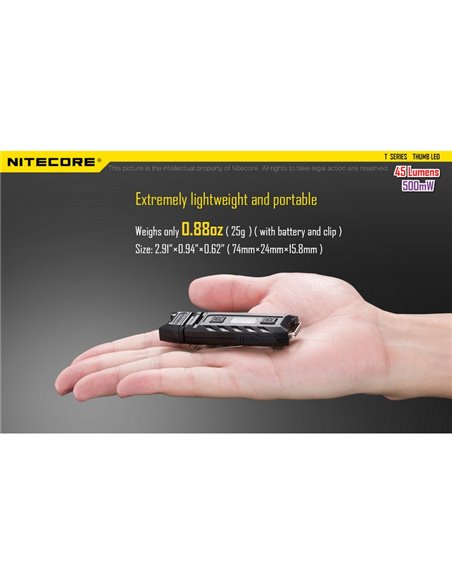 Linterna LED de mano super ligera Thumb LEO 45Lm, luz 120º orientable, modo ultravioleta, clip enganche 