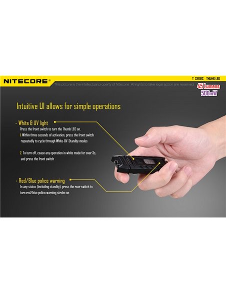 Linterna LED de mano super ligera Thumb LEO 45Lm, luz 120º orientable, modo ultravioleta, clip enganche 