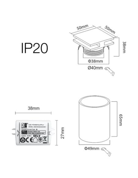Medidas Aplique LED Cuadrado PORT Blanco 4W Empotrable con Luz 360° 3000K Beneito Faure