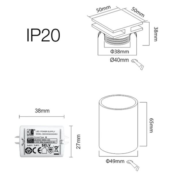 Medidas Aplique LED Quadrado PORT Branco 4W Embutido com Luz 360° 3000K Beneito Faure