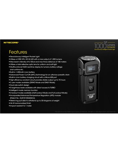Lampe torche LED compacte TUP GRAY, 1 000 lumens, portée de 180 m, batterie rechargeable de 1 200 mAh