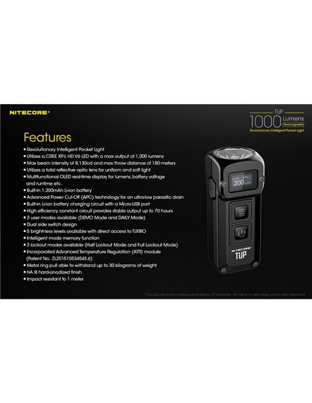 Linterna LED de mano TUP GRAY compacta 1000 lúmenes y 180m alcance, batería 1200mAh recargable Gris