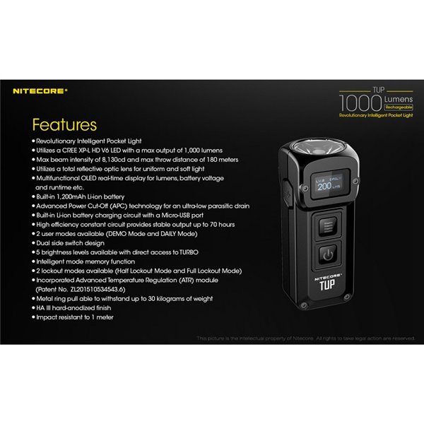 Lampe torche LED compacte TUP GRAY, 1 000 lumens, portée de 180 m, batterie rechargeable de 1 200 mAh