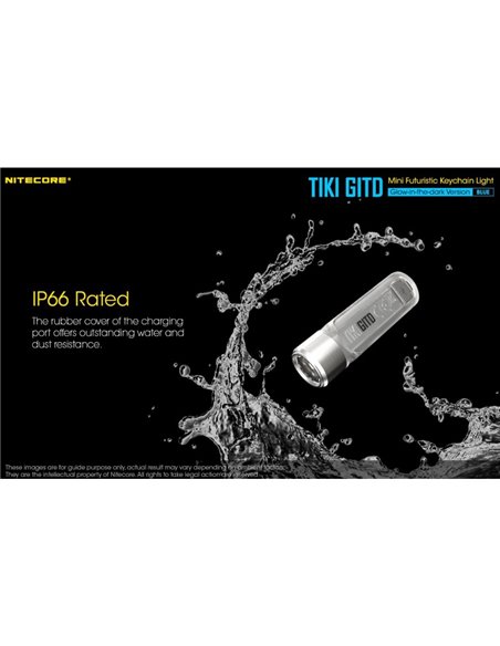 Lampe torche rechargeable TIKI GITD BLUE, brille dans le noir, 300 lm, portée de 71 m, IP66, bleu très clair