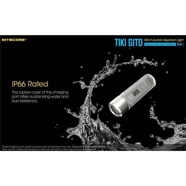 Lanterna portátil recarregável TIKI GITD BLUE, brilha no escuro, 300 lm e alcance de 71 m, IP66, azul muito claro