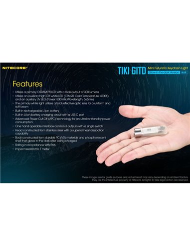 Linterna de mano recargable TIKI GITD BLUE, brilla en la oscuridad 300Lm y alcance 71m IP66 muy ligera Azul