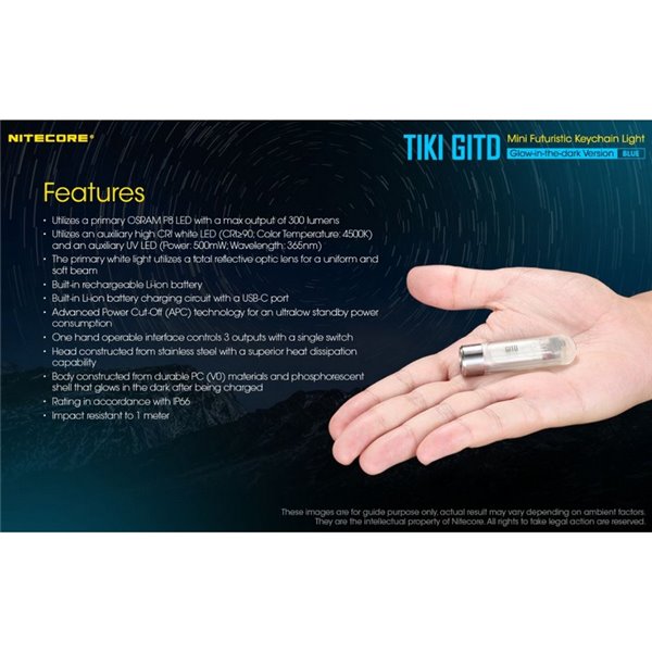 Lanterna portátil recarregável TIKI GITD BLUE, brilha no escuro, 300 lm e alcance de 71 m, IP66, azul muito claro