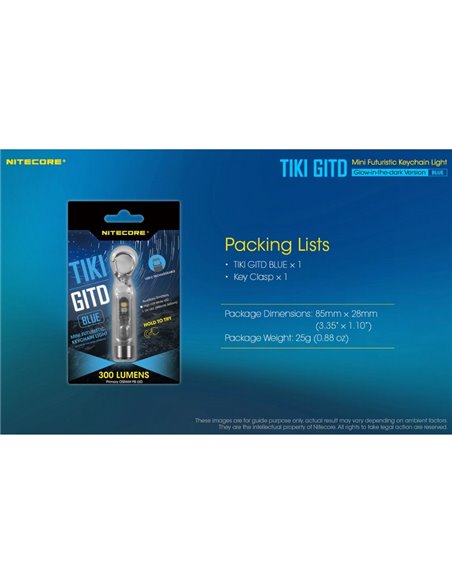 Lanterna portátil recarregável TIKI GITD BLUE, brilha no escuro, 300 lm e alcance de 71 m, IP66, azul muito claro