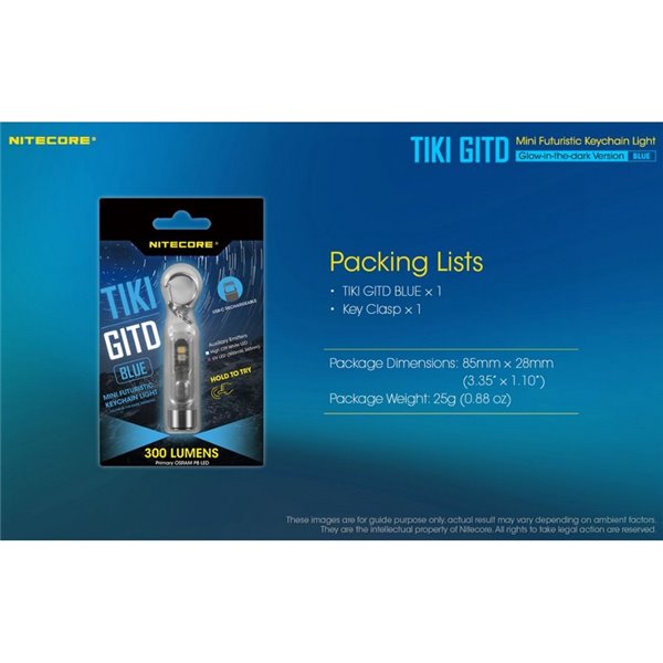 Lanterna portátil recarregável TIKI GITD BLUE, brilha no escuro, 300 lm e alcance de 71 m, IP66, azul muito claro
