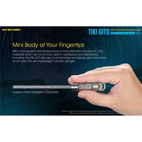 Lanterna portátil recarregável TIKI GITD BLUE, brilha no escuro, 300 lm e alcance de 71 m, IP66, azul muito claro