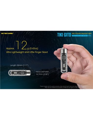 Lampe torche rechargeable TIKI GITD BLUE, brille dans le noir, 300 lm, portée de 71 m, IP66, bleu très clair