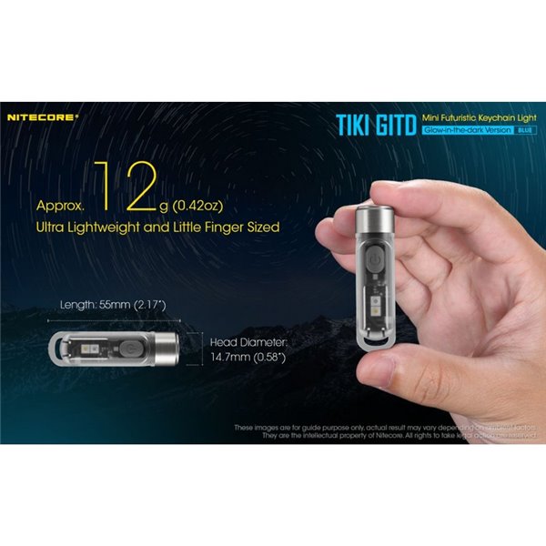 Linterna de mano recargable TIKI GITD BLUE, brilla en la oscuridad 300Lm y alcance 71m IP66 muy ligera Azul