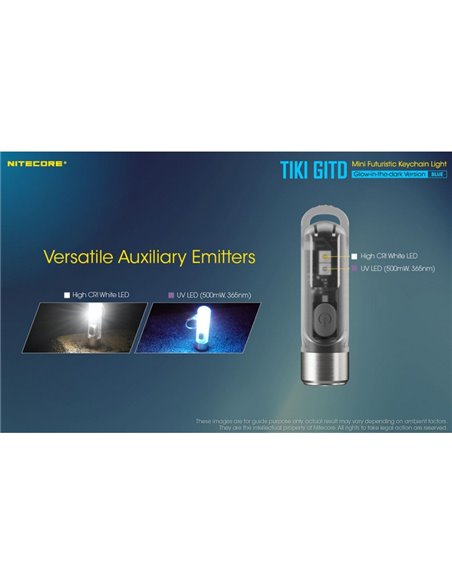 Lampe torche rechargeable TIKI GITD BLUE, brille dans le noir, 300 lm, portée de 71 m, IP66, bleu très clair