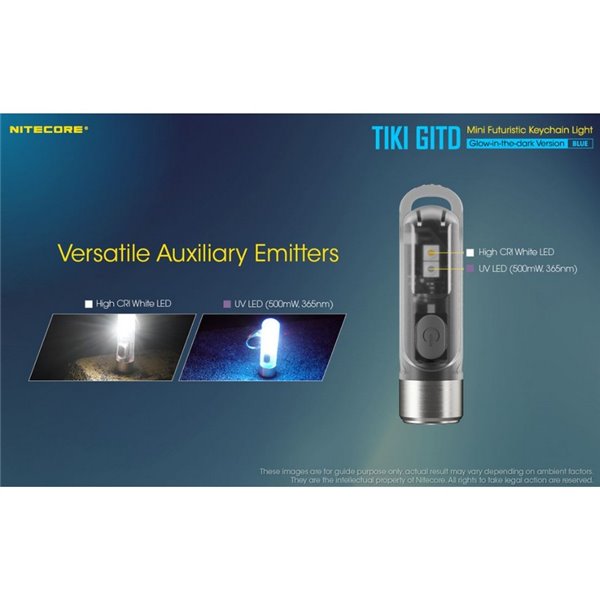 Lanterna portátil recarregável TIKI GITD BLUE, brilha no escuro, 300 lm e alcance de 71 m, IP66, azul muito claro