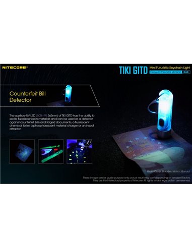 Lampe torche rechargeable TIKI GITD BLUE, brille dans le noir, 300 lm, portée de 71 m, IP66, bleu très clair