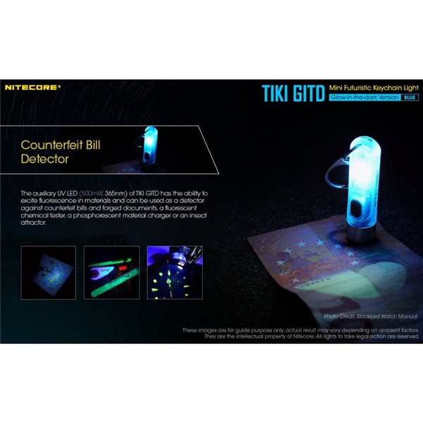 Lanterna portátil recarregável TIKI GITD BLUE, brilha no escuro, 300 lm e alcance de 71 m, IP66, azul muito claro