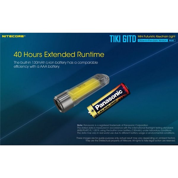 Lampe torche rechargeable TIKI GITD BLUE, brille dans le noir, 300 lm, portée de 71 m, IP66, bleu très clair