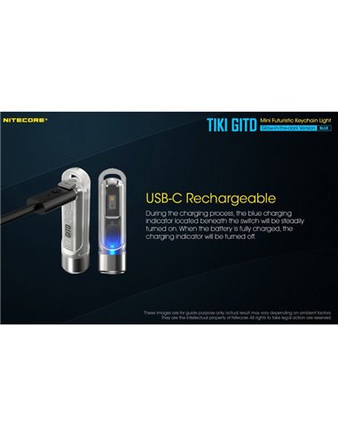 Linterna de mano recargable TIKI GITD BLUE, brilla en la oscuridad 300Lm y alcance 71m IP66 muy ligera Azul