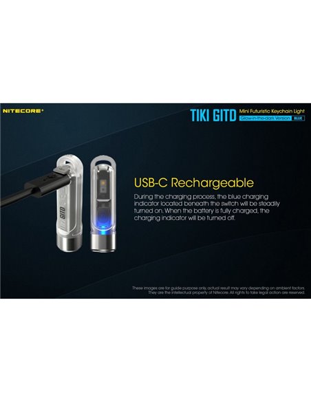 Lampe torche rechargeable TIKI GITD BLUE, brille dans le noir, 300 lm, portée de 71 m, IP66, bleu très clair