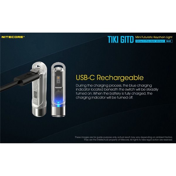 Lanterna portátil recarregável TIKI GITD BLUE, brilha no escuro, 300 lm e alcance de 71 m, IP66, azul muito claro