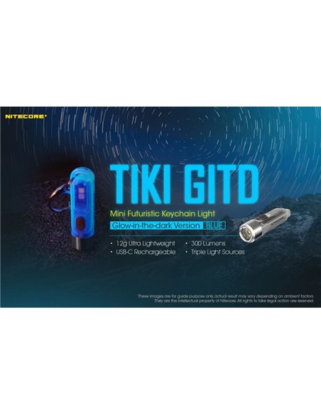 Linterna de mano recargable TIKI GITD BLUE, brilla en la oscuridad 300Lm y alcance 71m IP66 muy ligera Azul