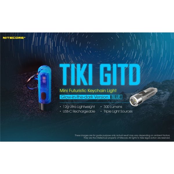 Lampe torche rechargeable TIKI GITD BLUE, brille dans le noir, 300 lm, portée de 71 m, IP66, bleu très clair