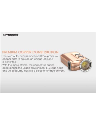 Lanterna de mão TINI Cu, acabamento em cobre, 380 lúmens, alcance de 64 m, bateria recarregável, acessório de chaveiro de cobre