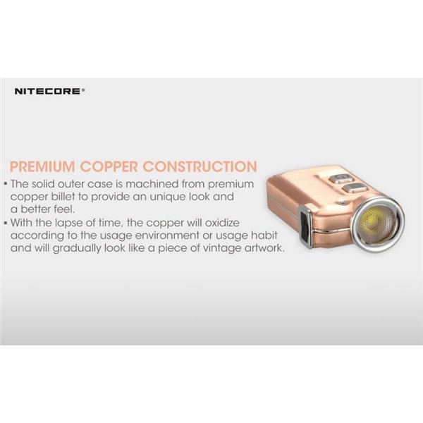 Linterna de mano TINI Cu acabado cobre 380 lúmenes y 64m alcance, batería recargable, accesorio llavero Cobre