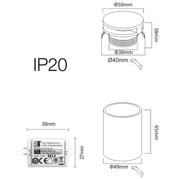 Medidas da luminária LED de sinalização interna embutida redonda branca GROW 4W 3000K