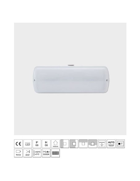 Luz de emergencia LED para exterior EVOLUTION, 200Lm, 0,67W, 5000K, 6 leds, IK08, para superficie o enresada