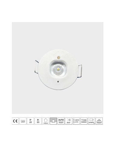 Luz antipánico LED empotrada, K-MINI Ø40mm, 182Lm, 5000K, 2h de autonomía, luminaria estructural, no permanente